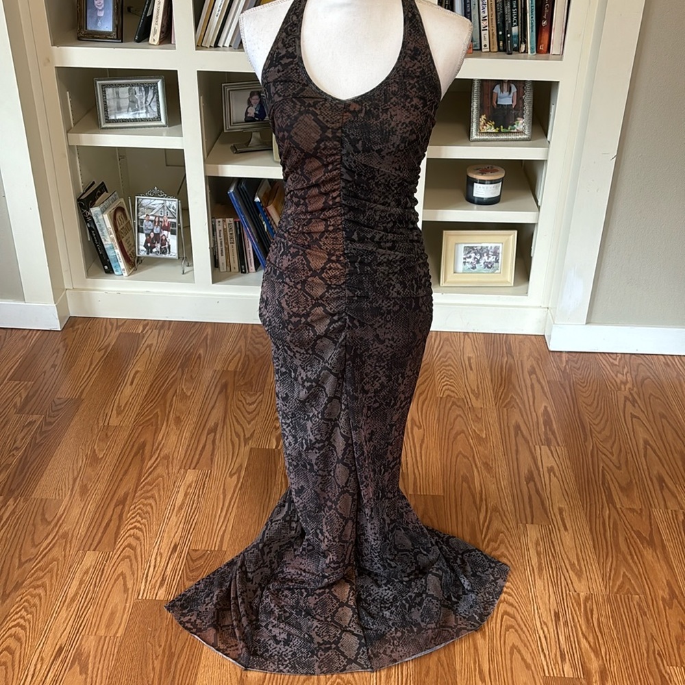 WEEKDAY Ruched Brown Snake Print Y2K‎ Halter Jersey Tank Maxi Dress Size Small